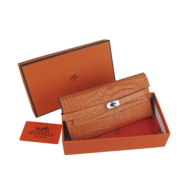 High Quality Hermes Kelly Crocodile Veins Long Clutch Bag Orange H009 Replica - Click Image to Close